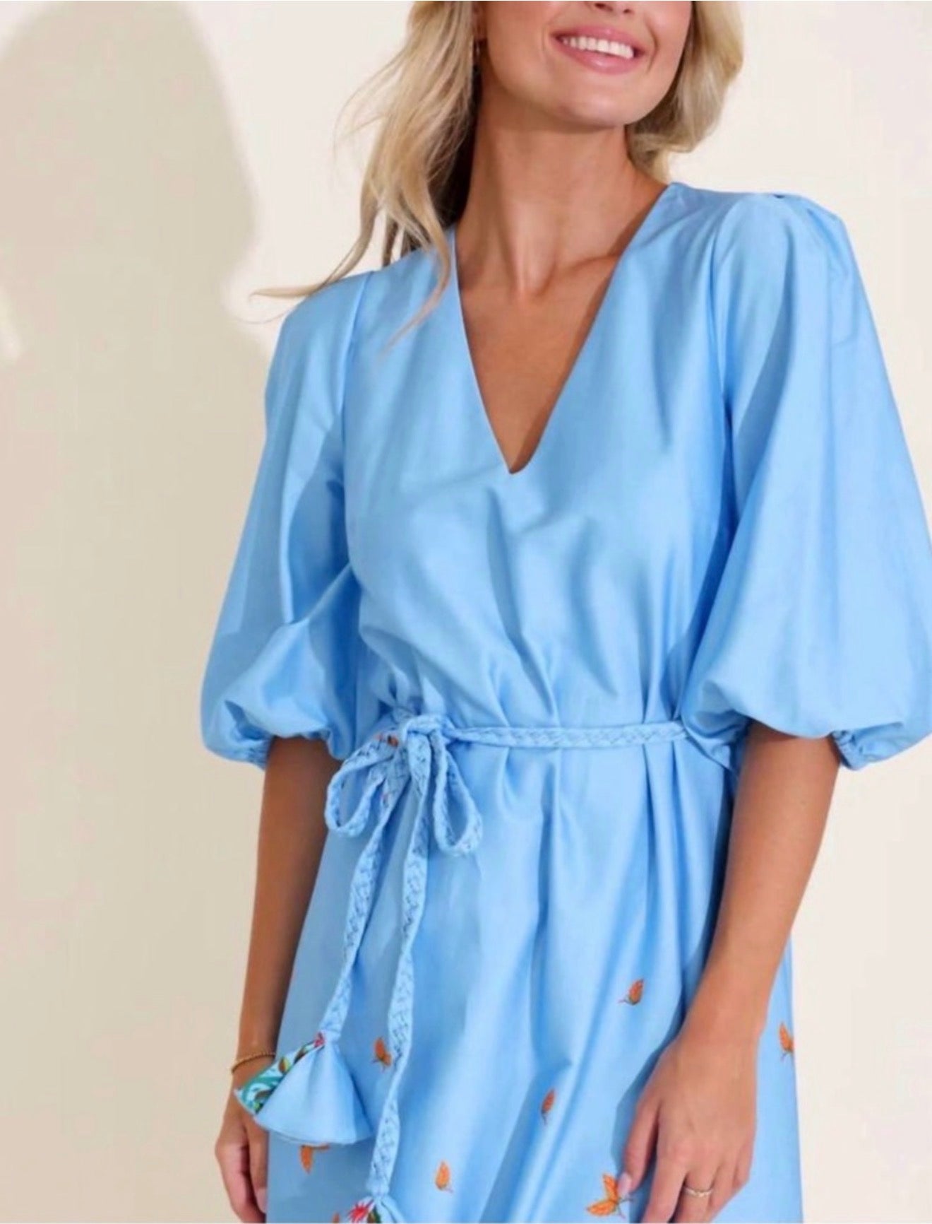 Alden Adair Sky Blue Scenic-Print Midi Dress Tie Waist