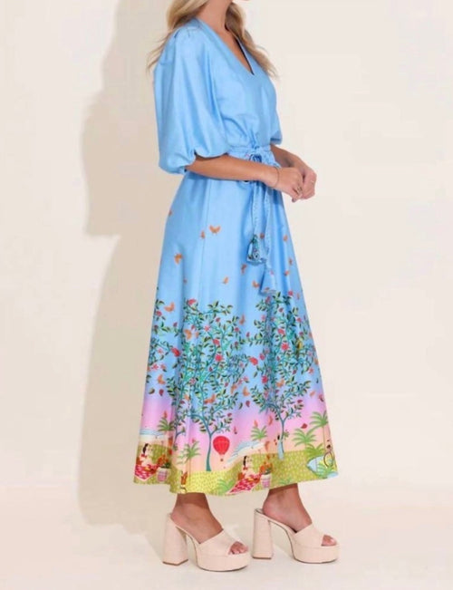 Alden Adair Sky Blue Scenic-Print Midi Dress Tie Waist