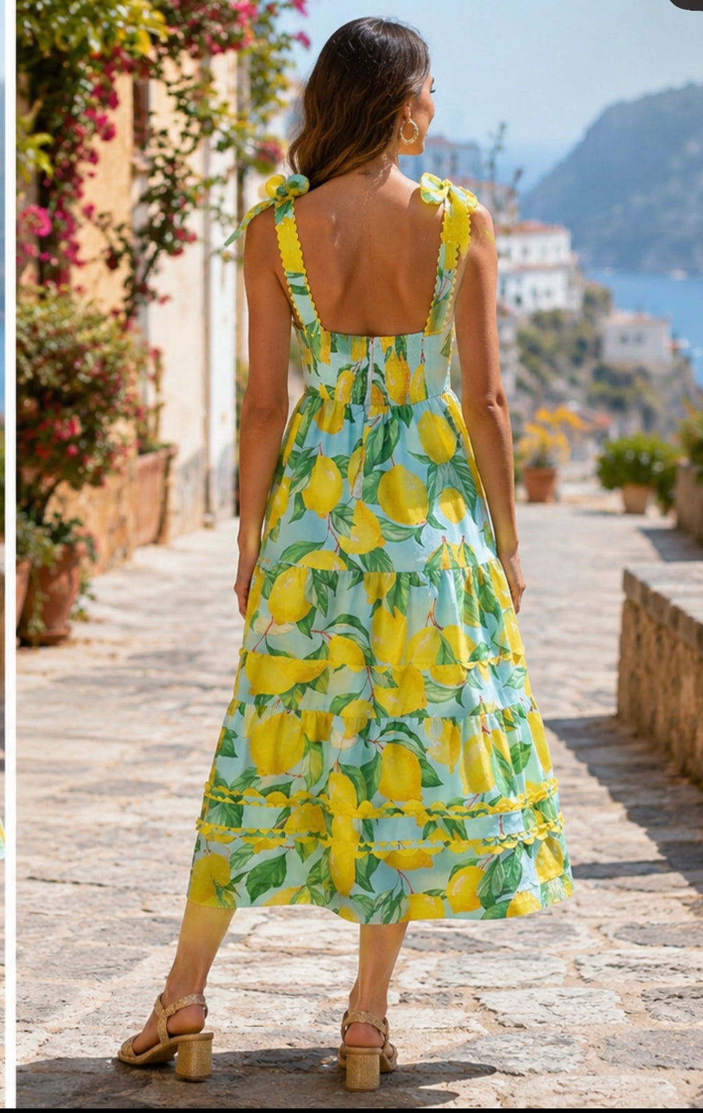 Prosperina Caterina Blue Lemon Print Cotton Midi Dress