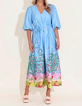 Alden Adair Sky Blue Scenic-Print Midi Dress Tie Waist
