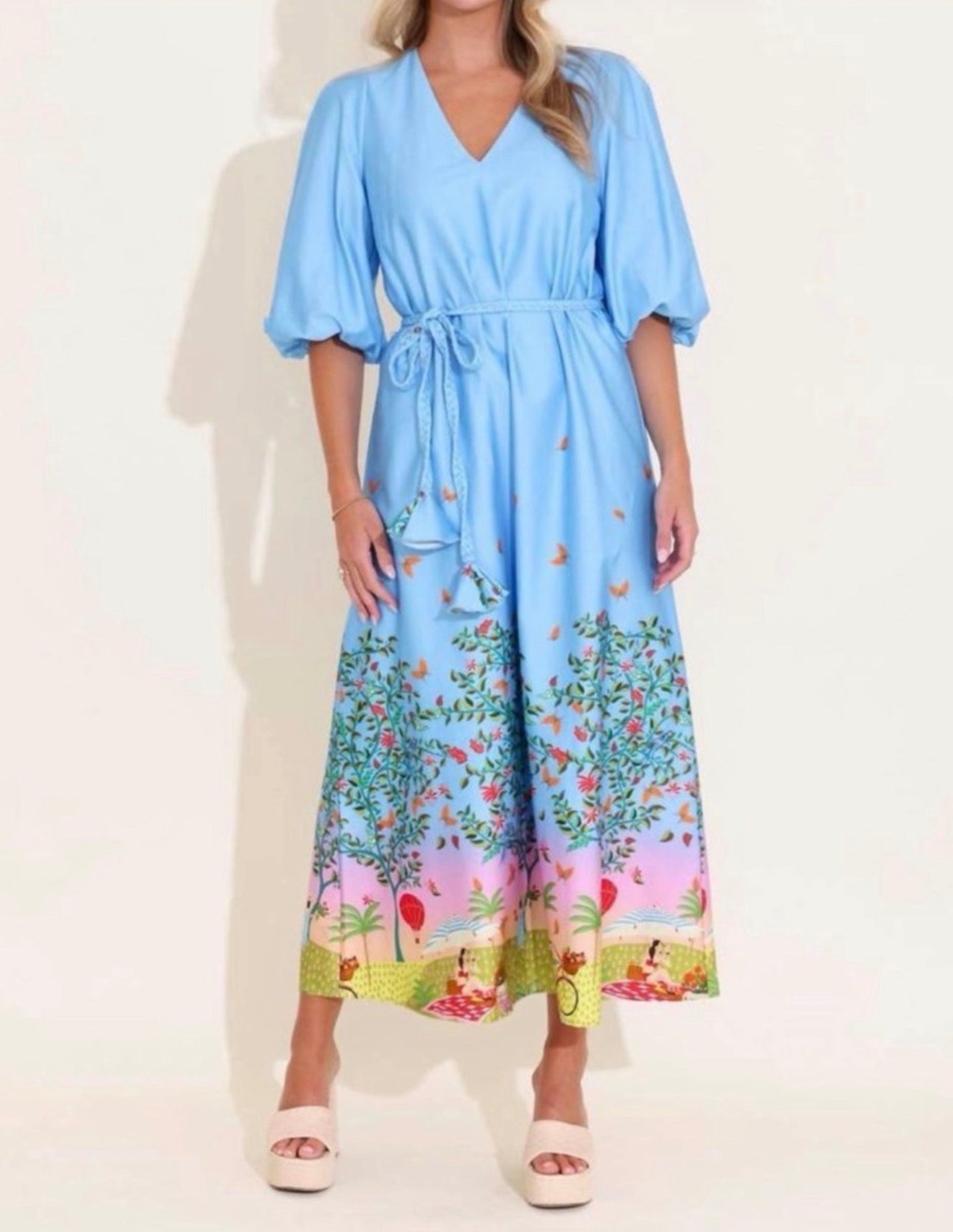 Alden Adair Sky Blue Scenic-Print Midi Dress Tie Waist