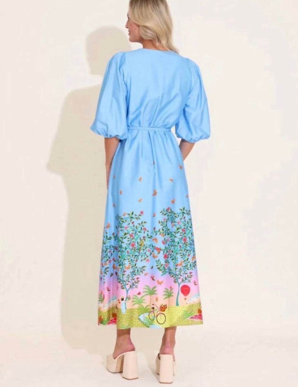 Alden Adair Sky Blue Scenic-Print Midi Dress Tie Waist