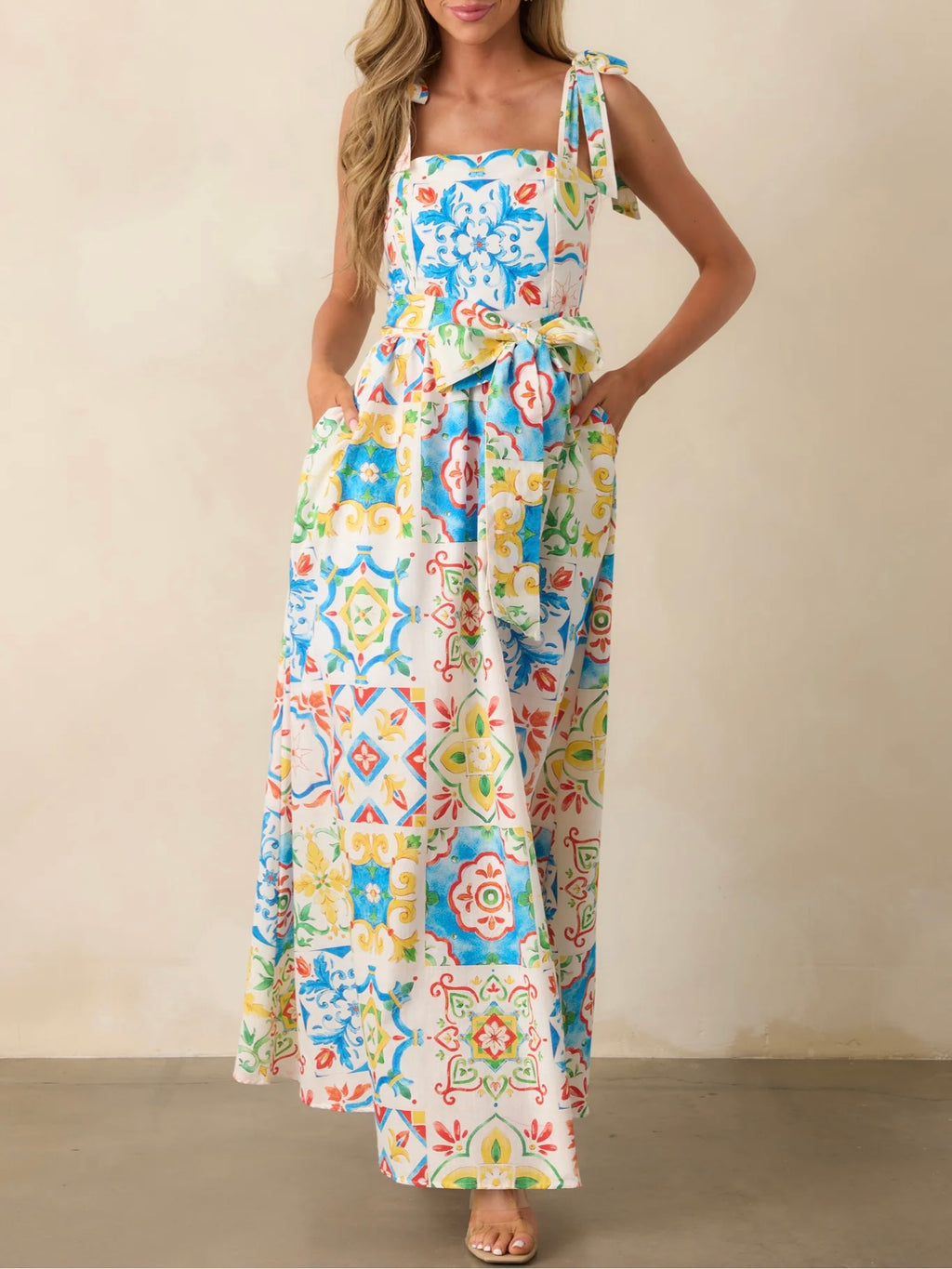 Giovanna Blue Sicilian Tile Print Linen Maxi Dress