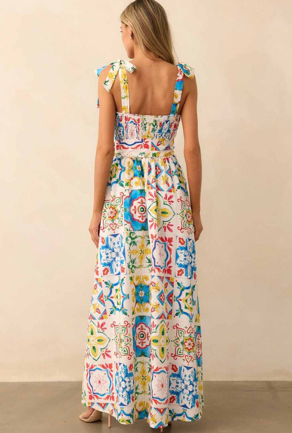 Giovanna Blue Sicilian Tile Print Linen Maxi Dress