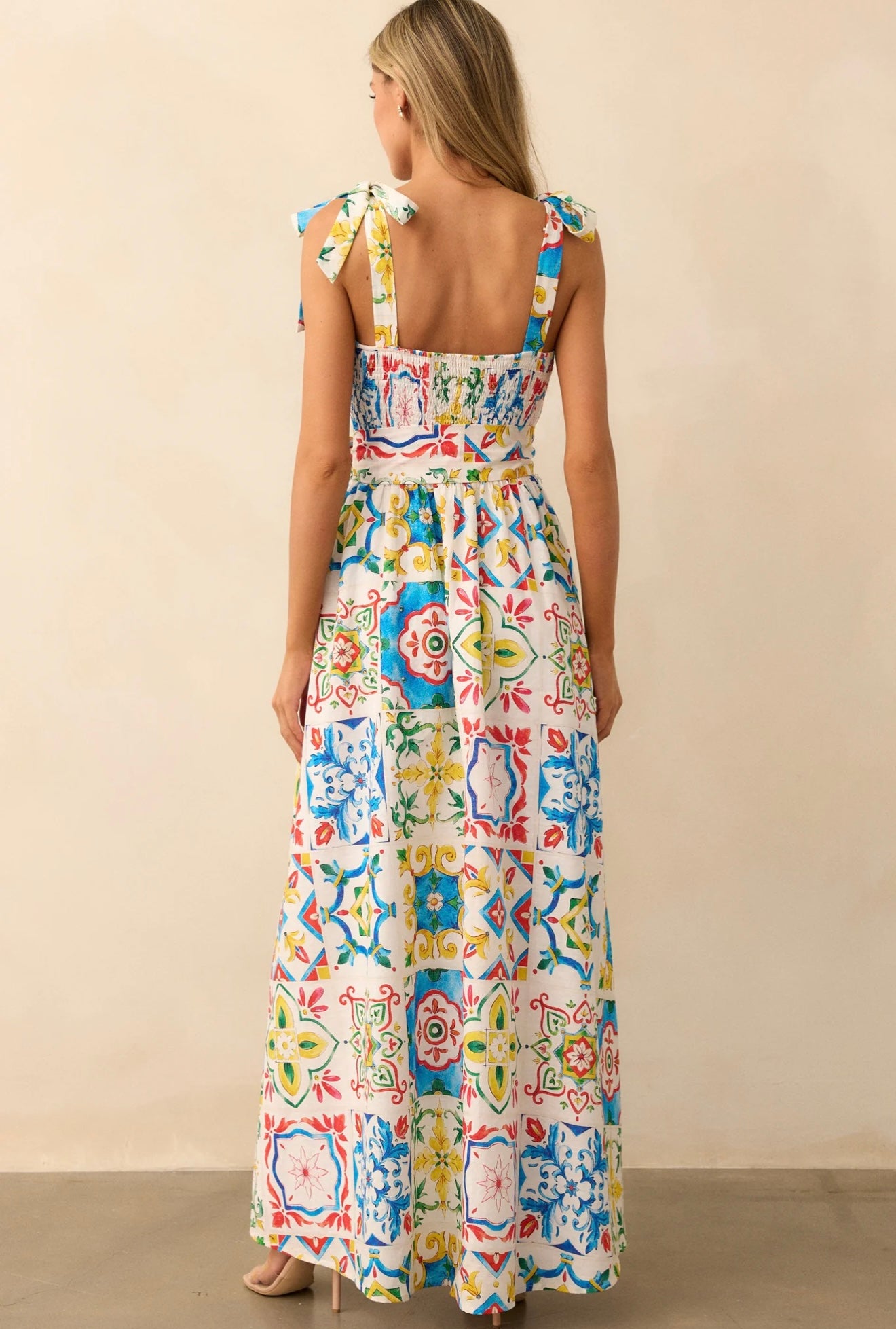 Giovanna Blue Sicilian Tile Print Linen Maxi Dress