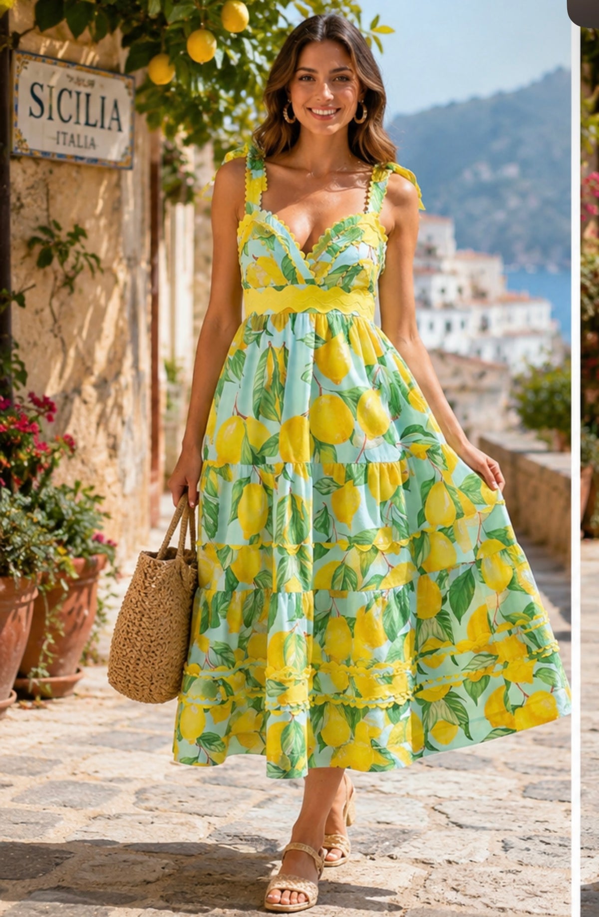 Prosperina Caterina Blue Lemon Print Cotton Midi Dress – Sicilia's Boutique