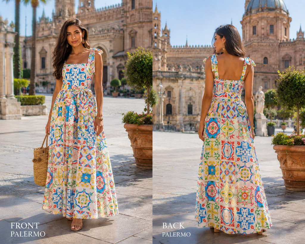 Giovanna Blue Sicilian Tile Print Linen Maxi Dress