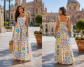 Giovanna Blue Sicilian Tile Print Linen Maxi Dress