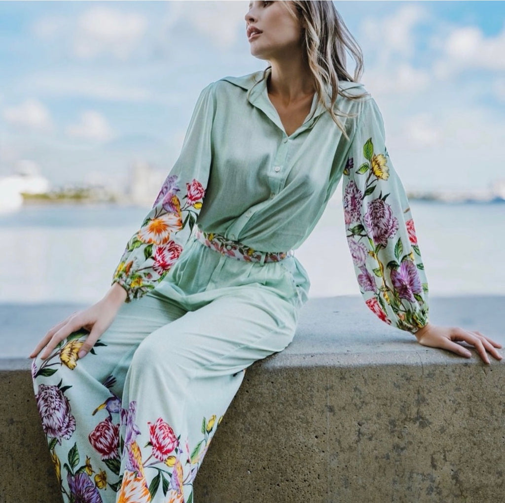 Taj by Sabrina Crippa Mint Wide-Leg Floral Pant