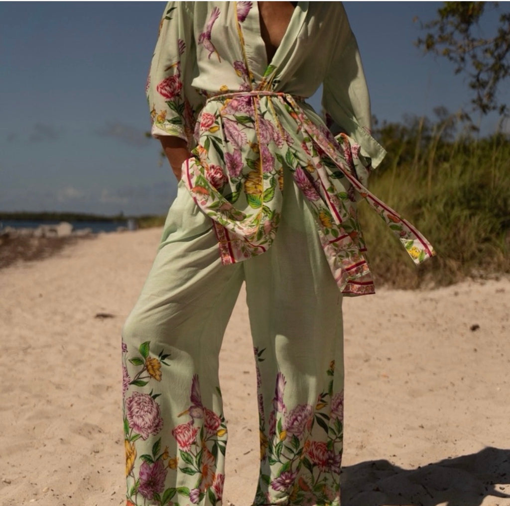Taj by Sabrina Crippa Mint Wide-Leg Floral Pant